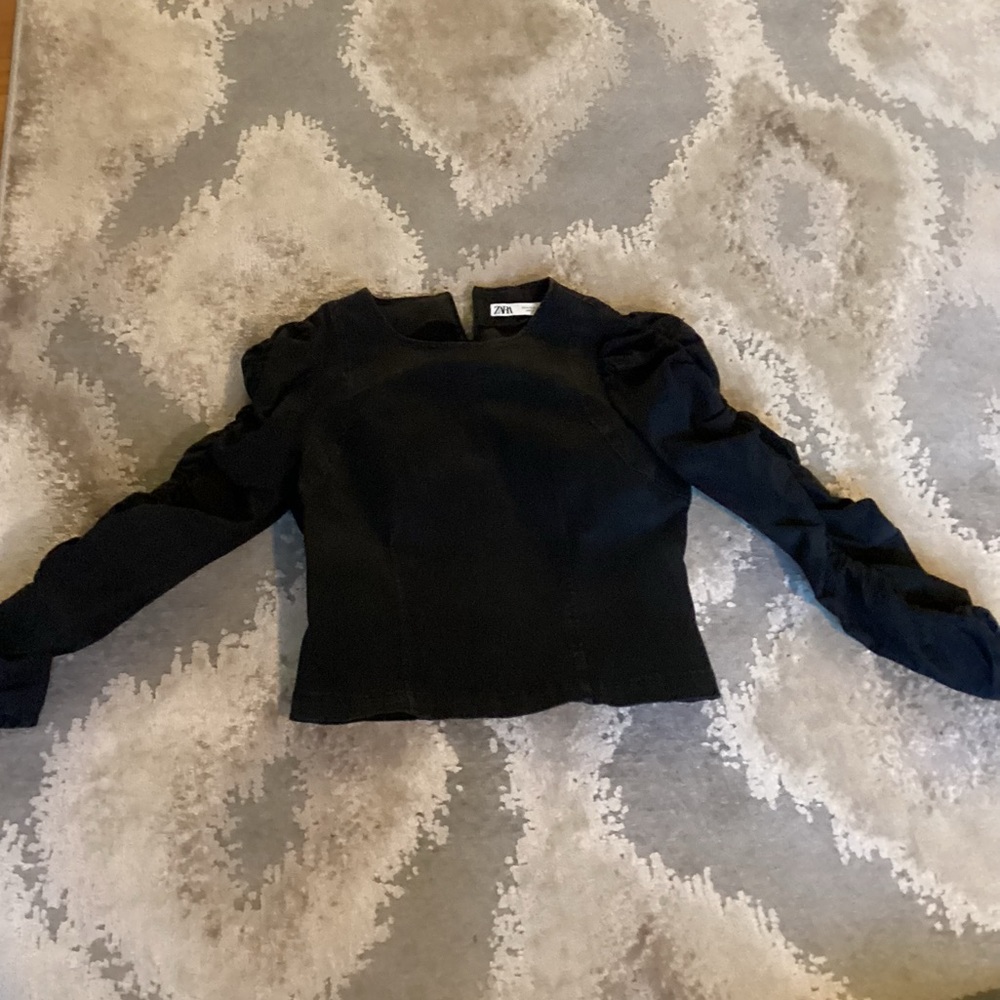 Zara Black Denim Ruched Long Sleeve Top